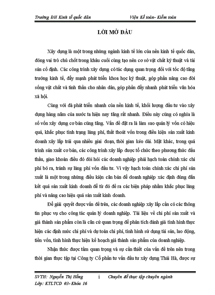 image for page Hoàn thiện kế toán chi phí sản xuất và tính giá thành sản phẩm xây lắp tại Công ty Cổ phần tư vấn đầu tư xây dựng Thái Hà