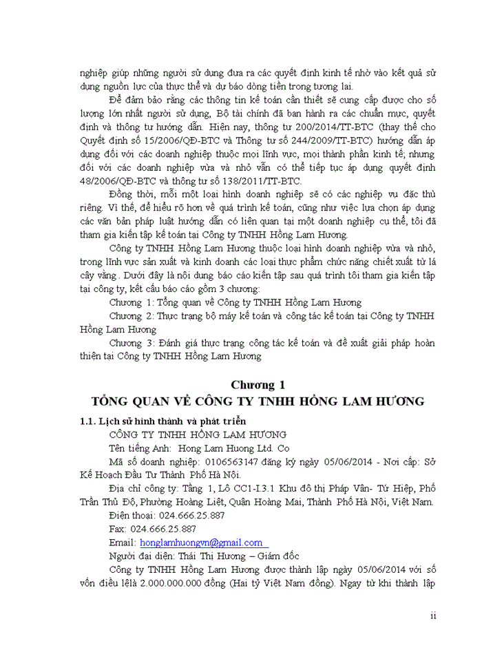 Thực trạng công tác kế toán và đề xuất giải pháp hoàn thiện tại Công ty TNHH Hồng Lam Hương