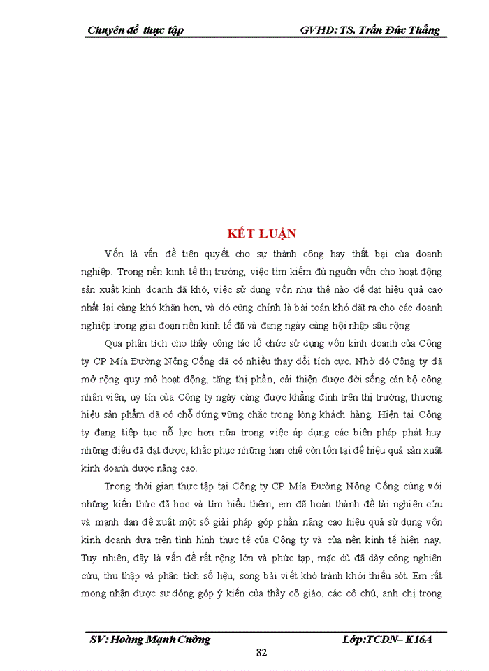 image for page Một số giải pháp nâng cao hiệu quả sử dụng vốn kinh doanh của công ty Cổ phần mía đường Nông Cống