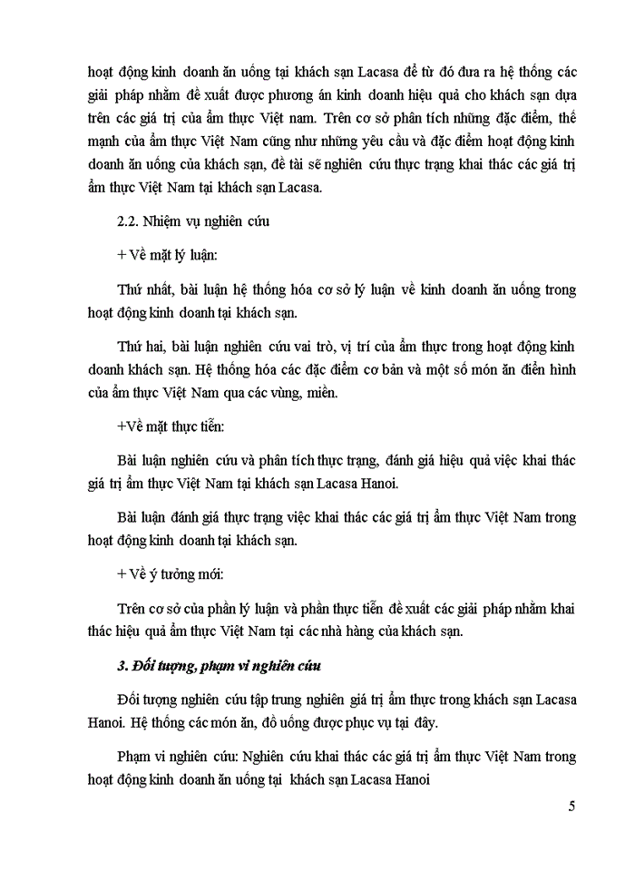 Mô tả, nhận xét, đề xuất ý kiến về việc khai thác các giá trị ẩm thực Việt Nam tại khách sạn Lacasa Hanoi