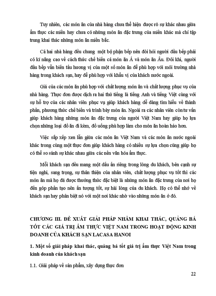 image for page Mô tả, nhận xét, đề xuất ý kiến về việc khai thác các giá trị ẩm thực Việt Nam tại khách sạn Lacasa Hanoi