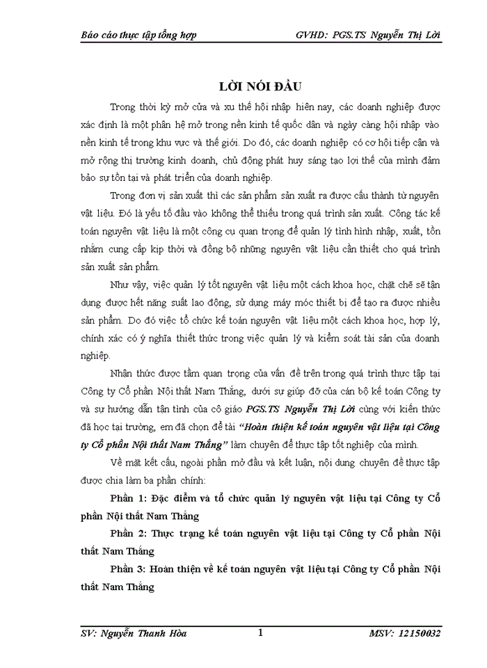 Hoàn thiện kế toán nguyên vật liệu tại Công ty Cổ phần Nội thất Nam Thắng