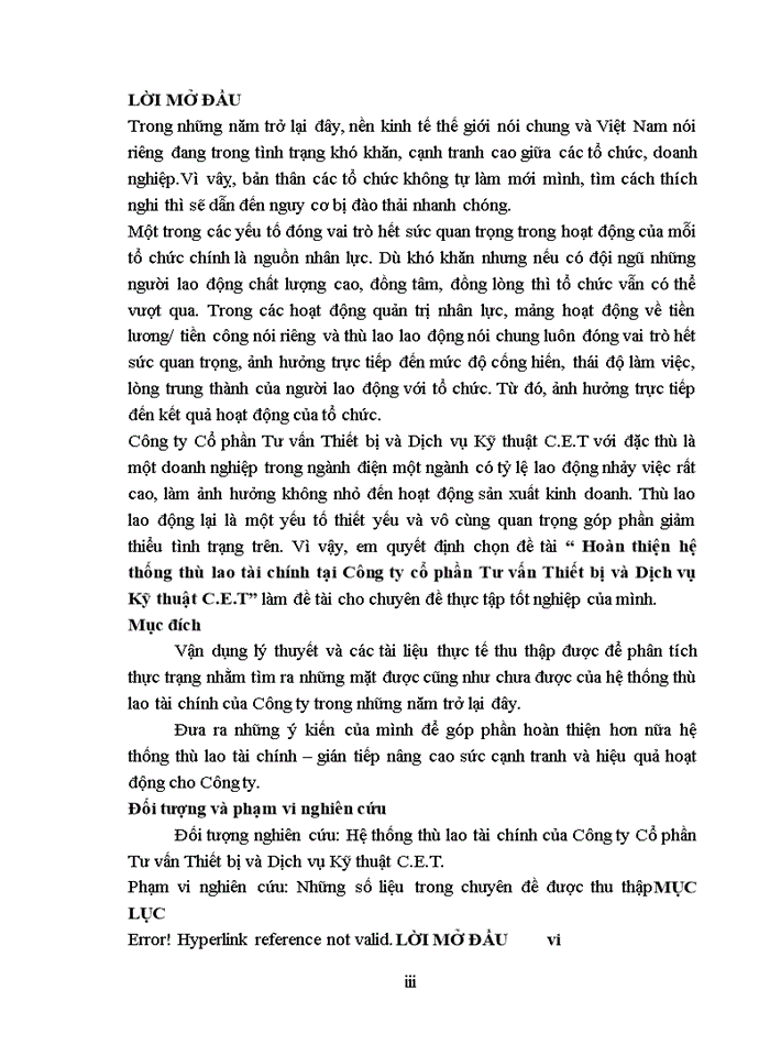 Hoàn thiện thù lao tài chính tại Công ty Cổ phần Tư vấn Thiết bị và Dịch vụ Kỹ thuật C.E.T