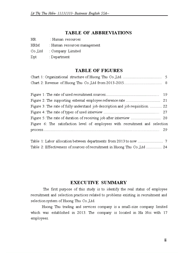 Improvement in recruitment and selection process in Huong Thu trading and services company Limited