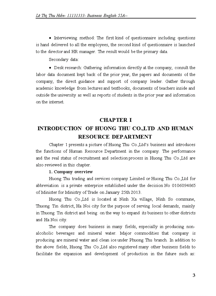 image for page Improvement in recruitment and selection process in Huong Thu trading and services company Limited
