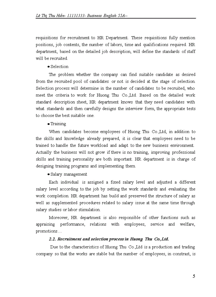 image for page Improvement in recruitment and selection process in Huong Thu trading and services company Limited