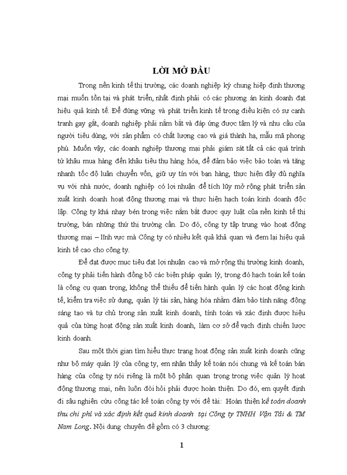 image for page Hoàn thiện kế toán doanh thu chi phí và xác định kết quả kinh doanh  tại Công ty TNHH Vận Tải & TM Nam Long