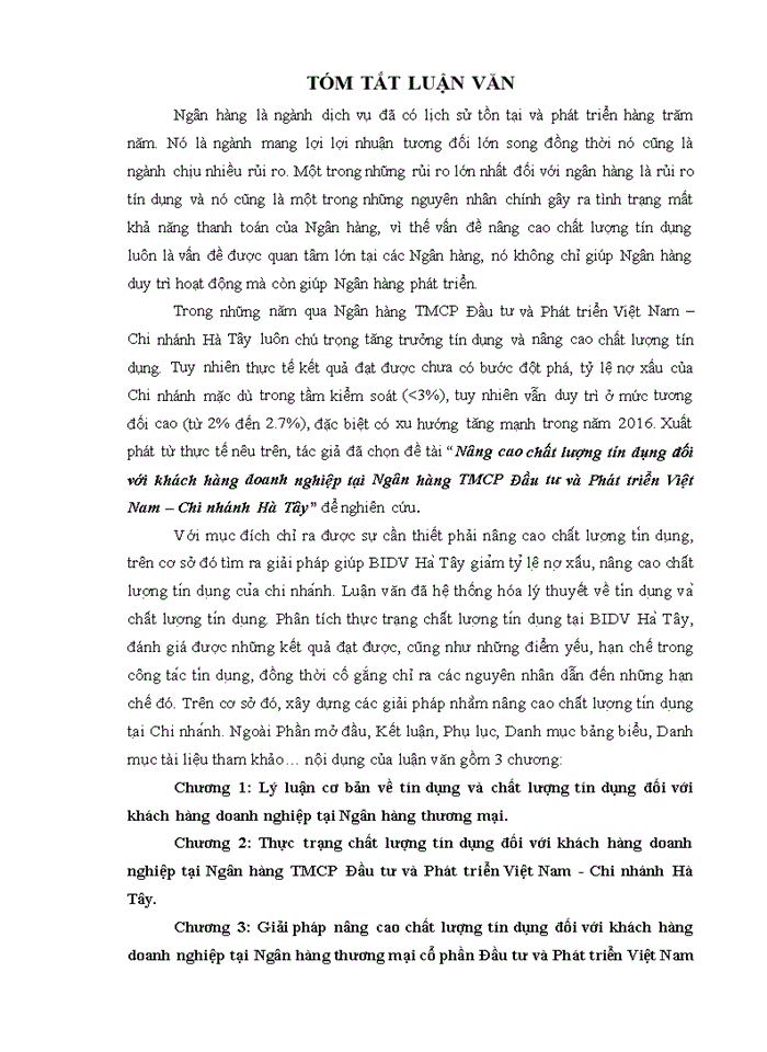 image for page Nâng cao chất lượng tín dụng đối với khách hàng doanh nghiệp tại Ngân hàng TMCP Đầu tư và Phát triển Việt Nam – Chi nhánh Hà Tây
