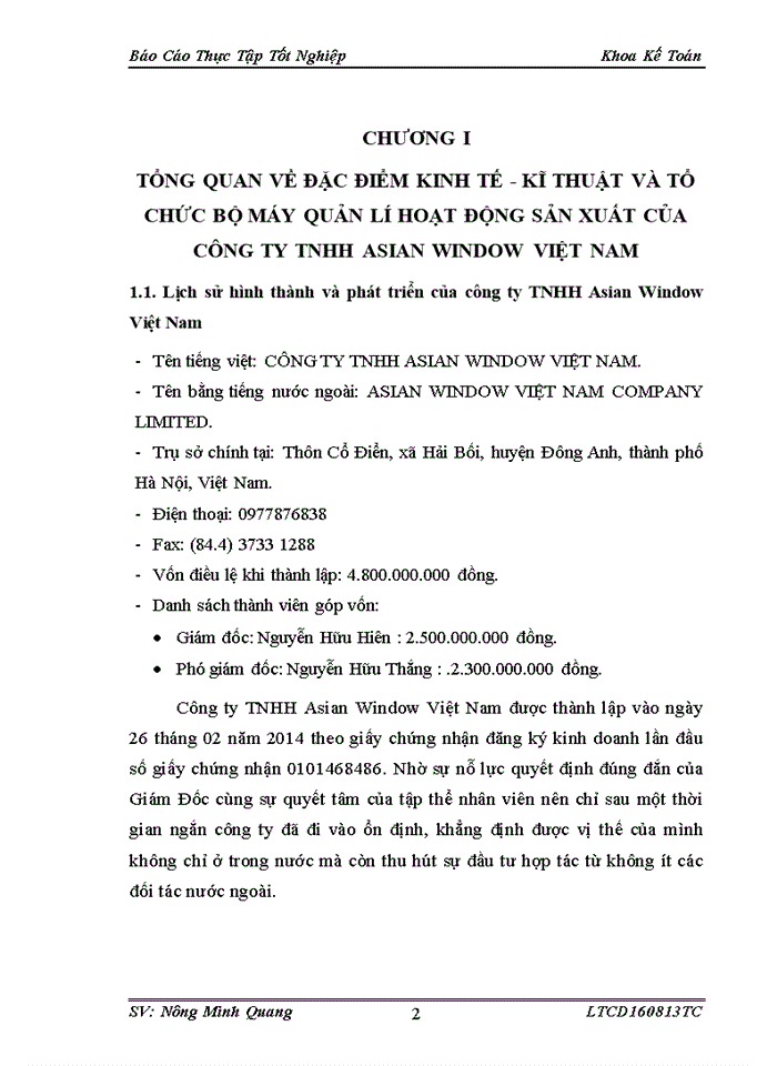 Tình hình thực tế tổ chức công tác kế toán và phương pháp một số phần hành kế toán tại Công ty TNHH Asian Window Việt Nam