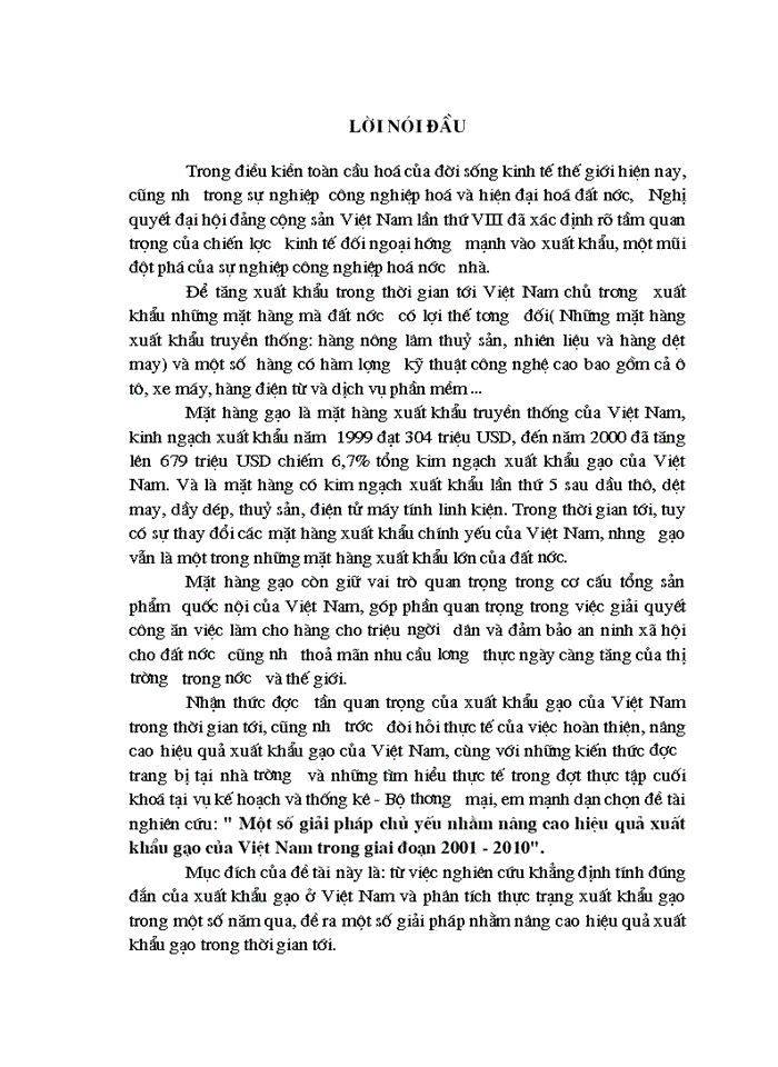 Một số giải pháp chủ yếu nhằm nâng cao hiệu quả xuất khẩu gạo của Việt Nam trong giai đoạn 2001 - 2010