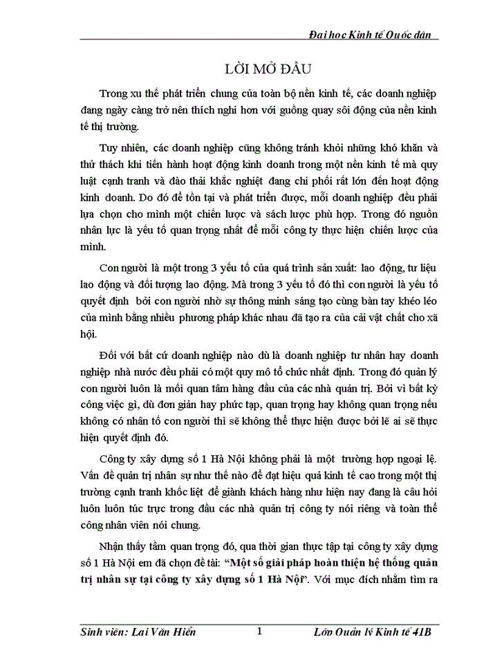 Một số giải pháp hoàn thiện hệ thống quản trị nhân sự tại công ty xây dựng số 1 Hà Nội