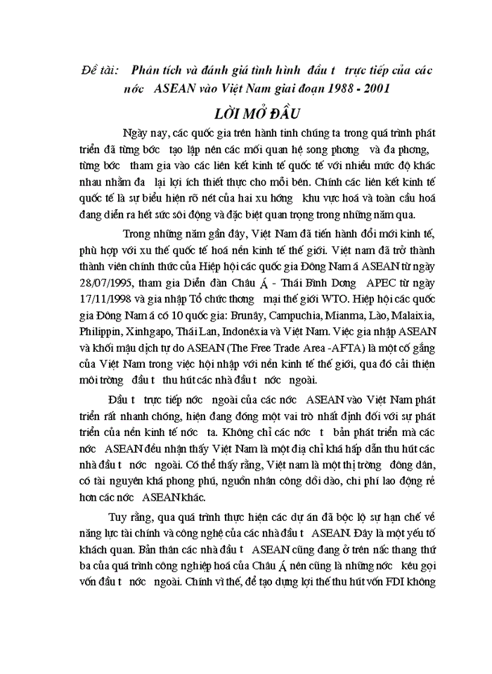 image for page Phân tích và đánh giá tình hình  đầu tư trực tiếp của các nước ASEAN vào Việt Nam giai đoạn 1988 - 2001