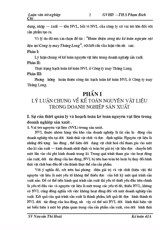 Hoàn thiện công tác kế toán nguyên vật liệu tại Công ty may Thăng Long