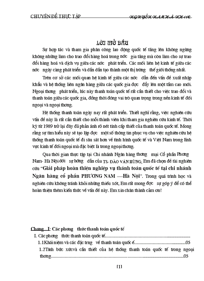 Giải pháp hoàn thiện nghiệp vụ thánh toán quốc tế tại chi nhánh Ngân hàng cổ phần PHƯƠNG NAM – Hà Nội