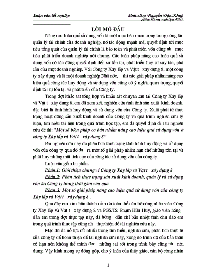 Một số biện pháp cơ bản nhằm nâng cao hiệu quả sử dụng vốn ở công ty Xây lắp và Vật tư xây dựng 8