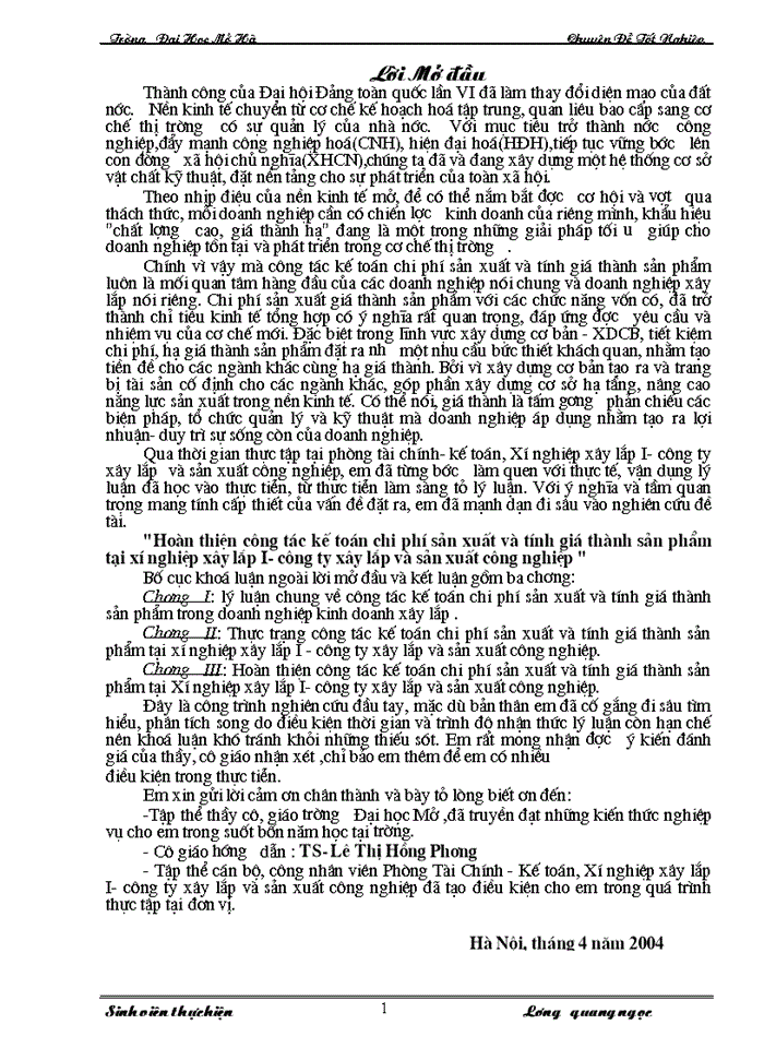 image for page Hoàn thiện công tác kế toán chi phí sản xuất và tính giá thành sản phẩm tại xí nghiệp xây lắp I- công ty xây lắp và sản xuất công nghiệp