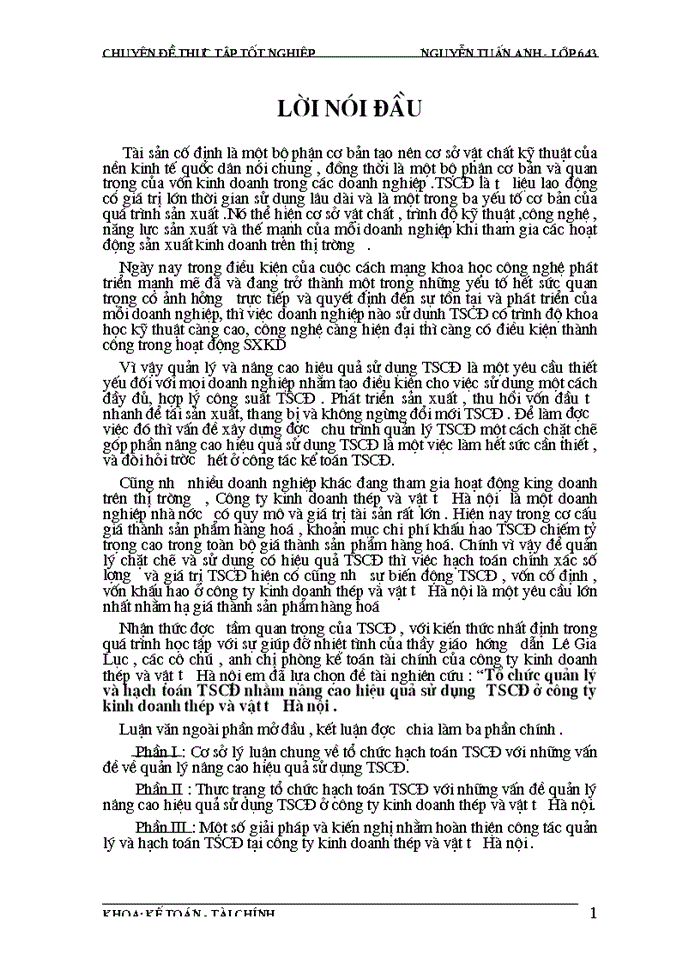 Tổ chức quản lý và hạch toán TSCĐ nhằm nâng cao hiệu quả sử dụng  TSCĐ ở công ty kinh doanh thép và vật tư Hà nội .