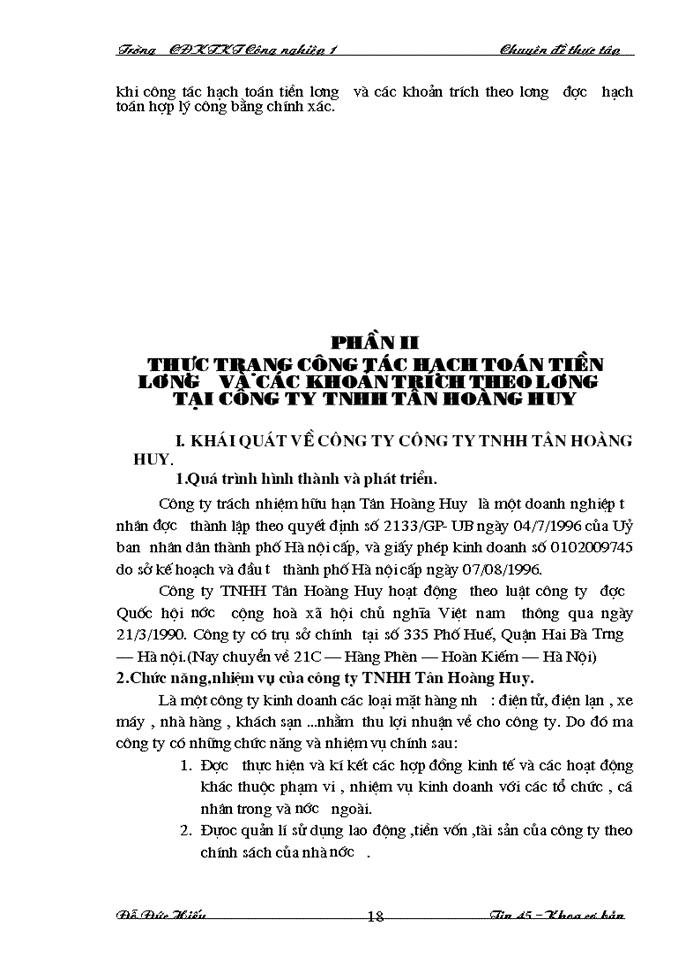 image for page Hạch toán tiền lương và các khoản trích theo lương tại Công ty trách nhiệm hữu hạn Tân Hoàng Huy làm chuyên đè thực tập