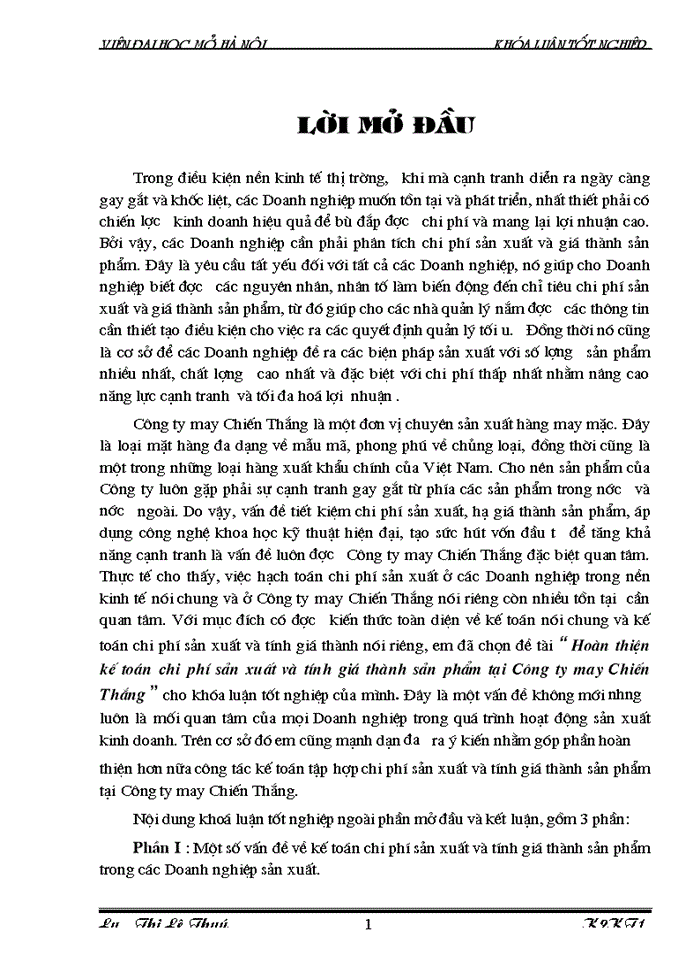 image for page Hoàn thiện kế toán chi phí sản xuất và tính giá thành sản phẩm tại Công ty may Chiến Thắng