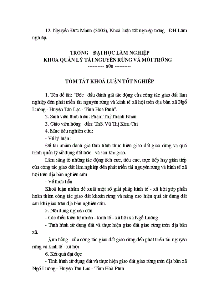 image for page Bước đầu đánh giá tác động của công tác giao đất Lâm nghiệp đến phát triển tài nguyên rừng và kinh tế xã hội trên địa bàn xã Ngổ Luông - huyện Tân Lạc - Tỉnh Hoà Bình