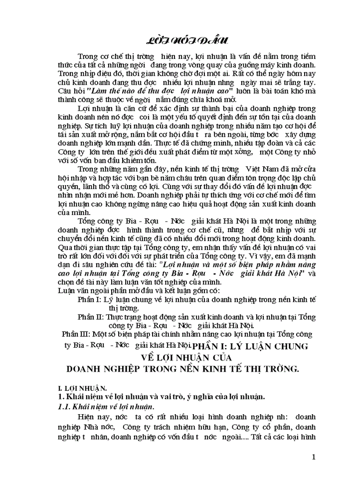 Lợi nhuận và một số biện pháp nhằm nâng cao lợi nhuận tại Tổng công ty Bia - Rượu - Nước giải khát Hà Nội