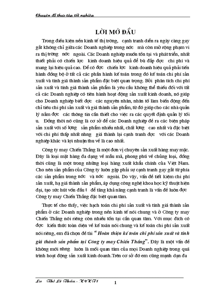 image for page Hoàn thiện kế toán chi phí sản xuất và tính giá thành sản phẩm tại Công ty may Chiến Thắng