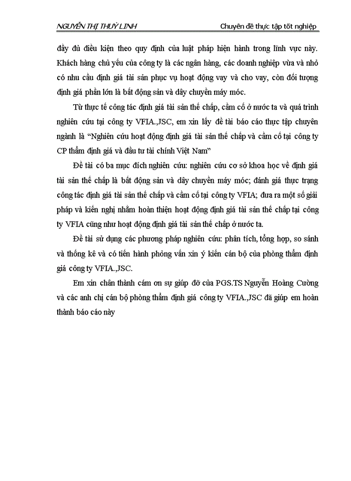 Nghiên cứu hoạt động định giá tài sản thế chấp và cầm cố tại công ty CP thẩm định giá và đầu tư tài chính Việt Nam