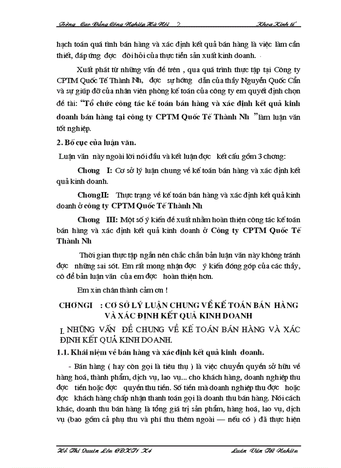 Tổ chức công tác kế toán bán hàng và xác định kết quả kinh doanh bán hàng tại công ty CPTM Quốc Tế Thành Như