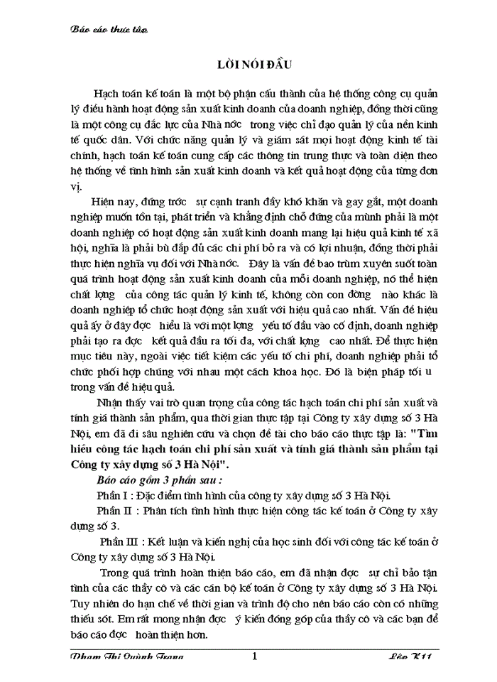 image for page Tìm hiều công tác hạch toán chi phí sản xuất và tính giá thành sản phẩm tại Công ty xây dựng số 3 Hà Nội