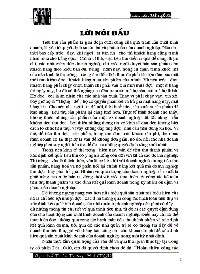 image for page Hoàn thiện công tác hạch toán tiêu thụ thành phẩm và xác định kết quả tiêu thụ tại Công ty cổ phần Dệt 10/10