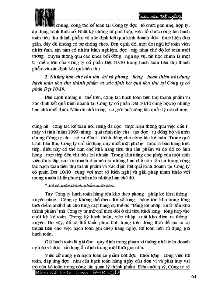 image for page Hoàn thiện công tác hạch toán tiêu thụ thành phẩm và xác định kết quả tiêu thụ tại Công ty cổ phần Dệt 10/10
