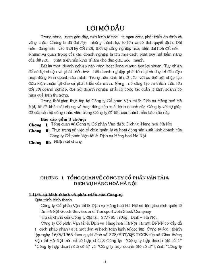 Thực trạng về việc tổ chức quản lý và hoạt động sản xuất kinh doanh của Công ty Cổ phần Vận tải & Dịch vụ Hàng hoá Hà Nội