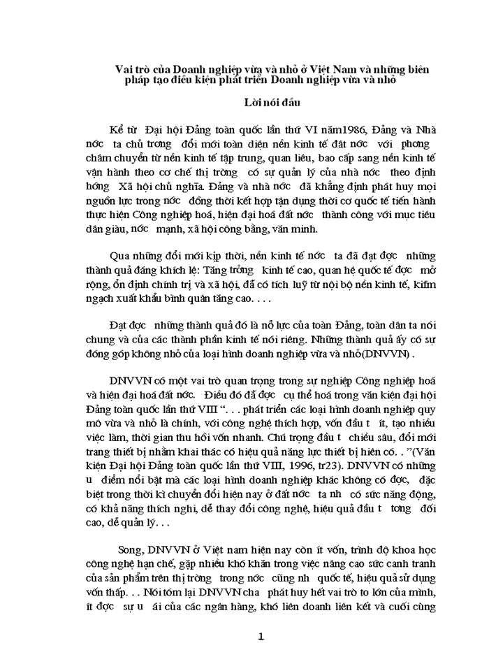 Vai trò của Doanh nghiệp vừa và nhỏ ở Việt Nam và những biên pháp tạo điều kiện phát triển Doanh nghiệp vừa và nhỏ