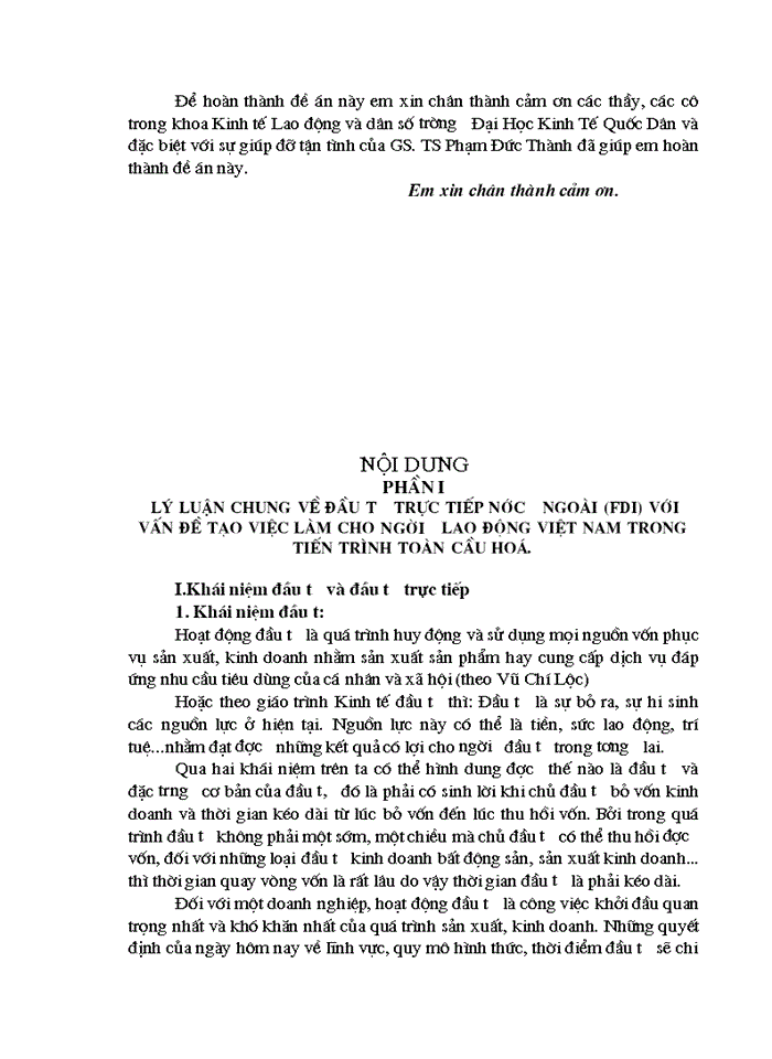 Đầu tư trực tiếp nước ngoài (FDI) với vấn đề tạo việc làm cho người lao Việt Nam trong tiến trình toàn cầu hóa