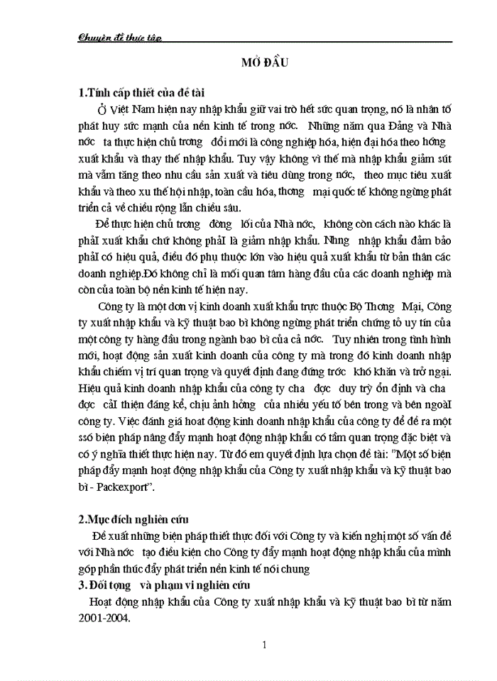 Một số biện pháp đẩy mạnh hoạt động nhập khẩu của Công ty xuất nhập khẩu và kỹ thuật bao bì - Packexport