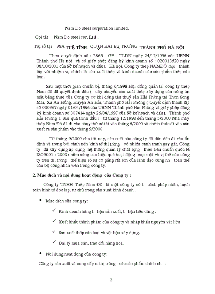 Báo cáo thực tập tổng hợp về tình hình hoạt động của công ty tnhh thép nam đô