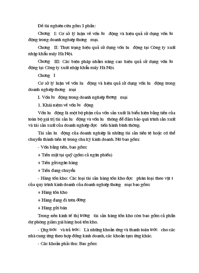Các biện pháp nhằm nâng cao hiệu quả sử dụng vốn lưu động tại Công ty xuất nhập khẩu máy Hà Nội