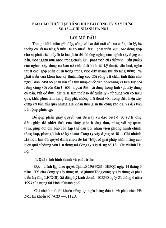 Một số giải pháp nhằm nâng cao hiệu quả sử dụng vốn lưu động tại Công ty xây dưng số 18 - Chi nhánh Hà nội
