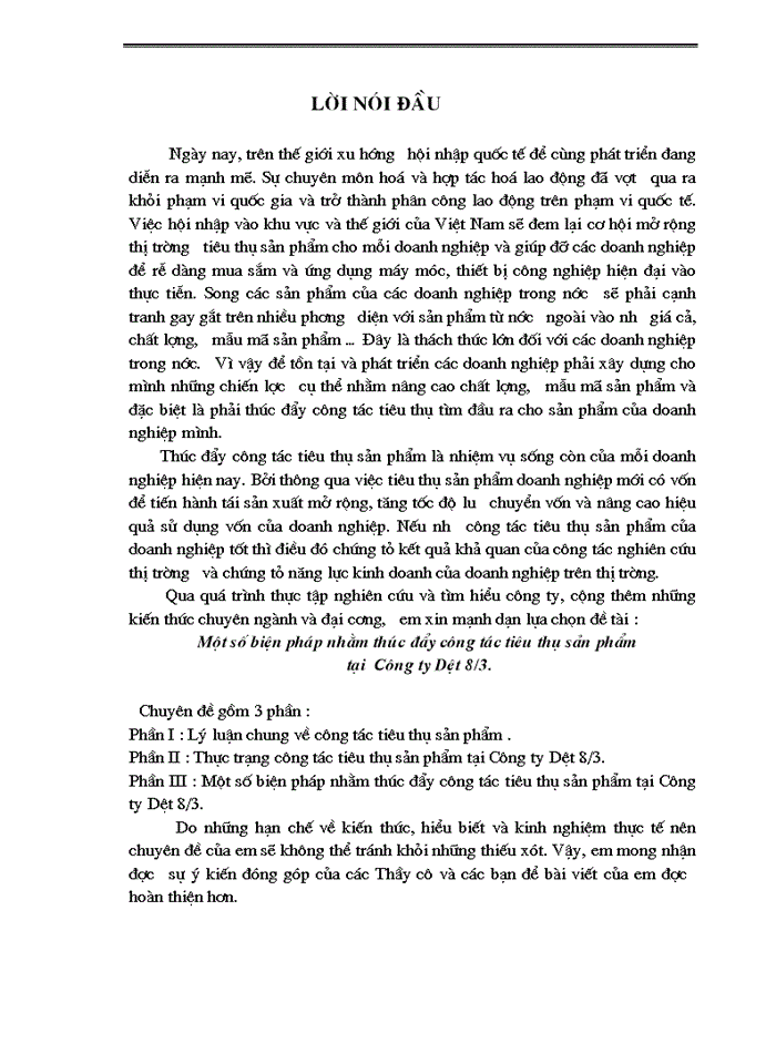 Một số biện pháp nhằm thúc đẩy công tác tiêu thụ sản phẩm tại  Công ty Dệt 8/3.