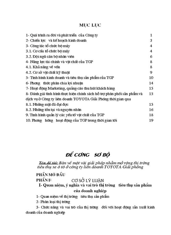 Một vài giải pháp nhằm mở rộng thị trường tiêu thụ xe ô tô ở công ty liên doanh TOYOTA Giải phóng