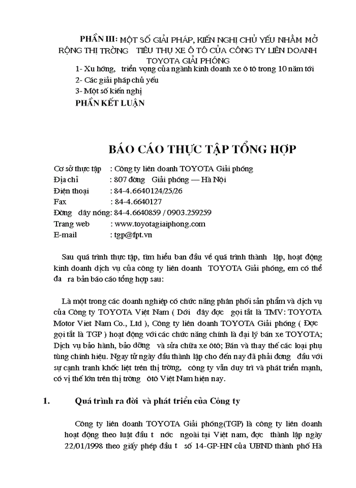 Một vài giải pháp nhằm mở rộng thị trường tiêu thụ xe ô tô ở công ty liên doanh TOYOTA Giải phóng