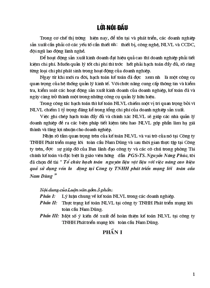 image for page Tổ chức hạch toán  nguyên liệu vật liệu với việc nâng cao hiệu quả sử dụng vốn lưu động tại Công ty TNHH phát triển mạng lưới toàn cầu Nam Dũng
