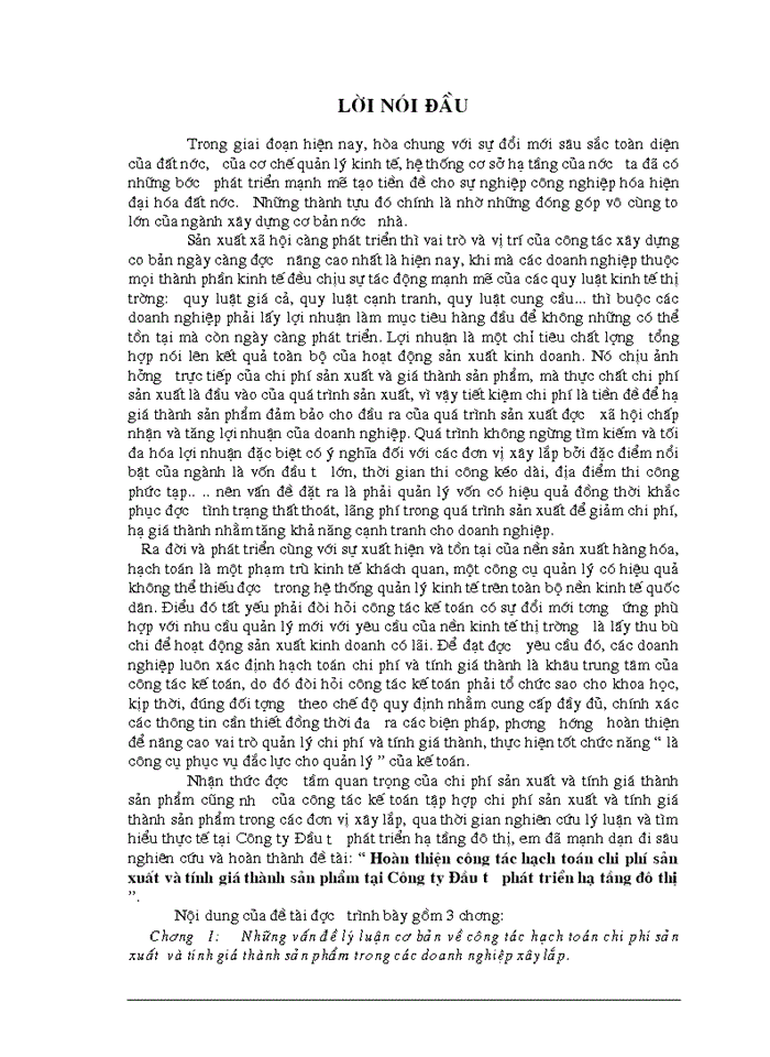 image for page Hoàn thiện công tác hạch toán chi phí sản xuất và tính giá thành sản phẩm tại Công ty Đầu tư phát triển hạ tầng đô thị