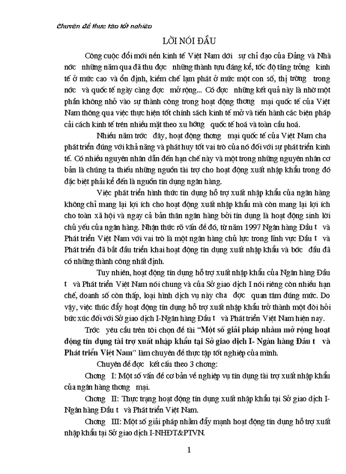 Một số giải pháp nhằm mở rộng hoạt động tín dụng tài trợ xuất nhập khẩu tại Sở giao dịch I- Ngân hàng Đầu tư và Phát triển Việt Nam