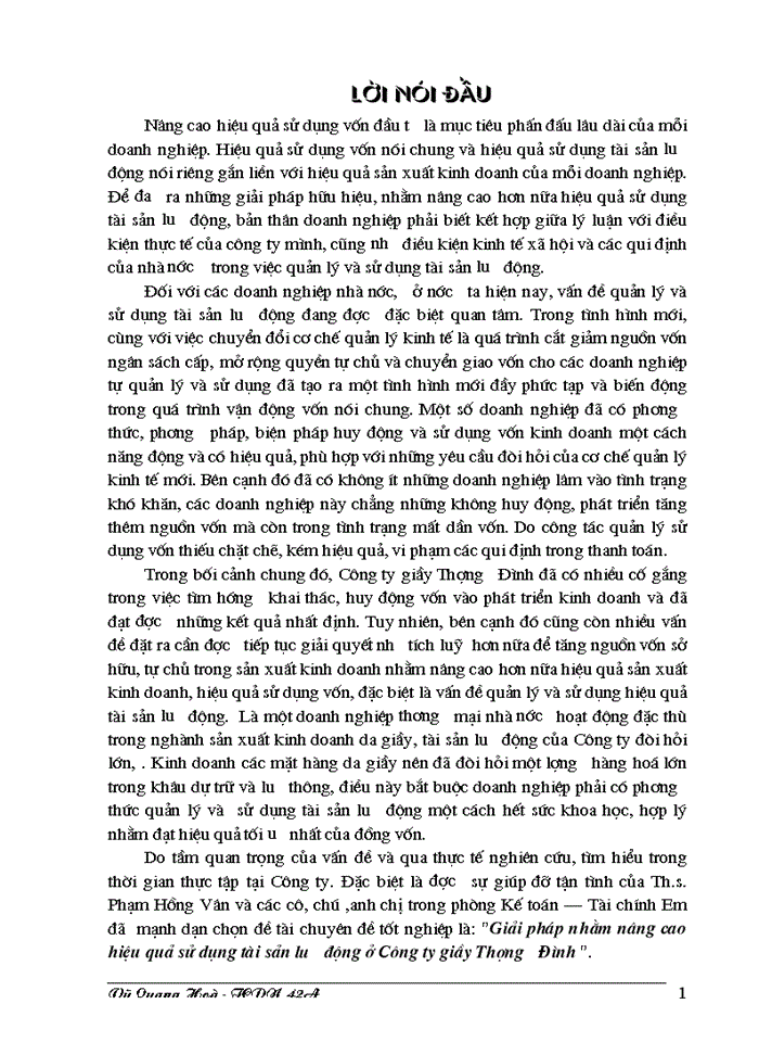 Giải pháp nhằm nâng cao hiệu quả sử dụng tài sản lưu động ở Công ty giầy Thượng Đình
