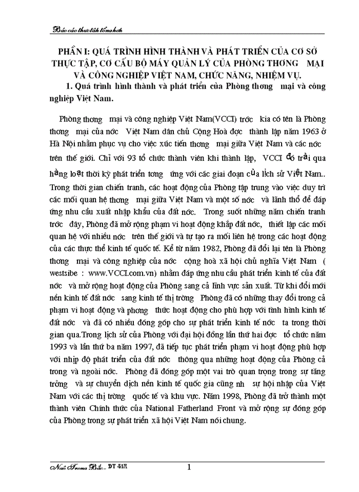 Báo cáo thực tập về Phòng thương mại và công nghiệp Việt Nam.